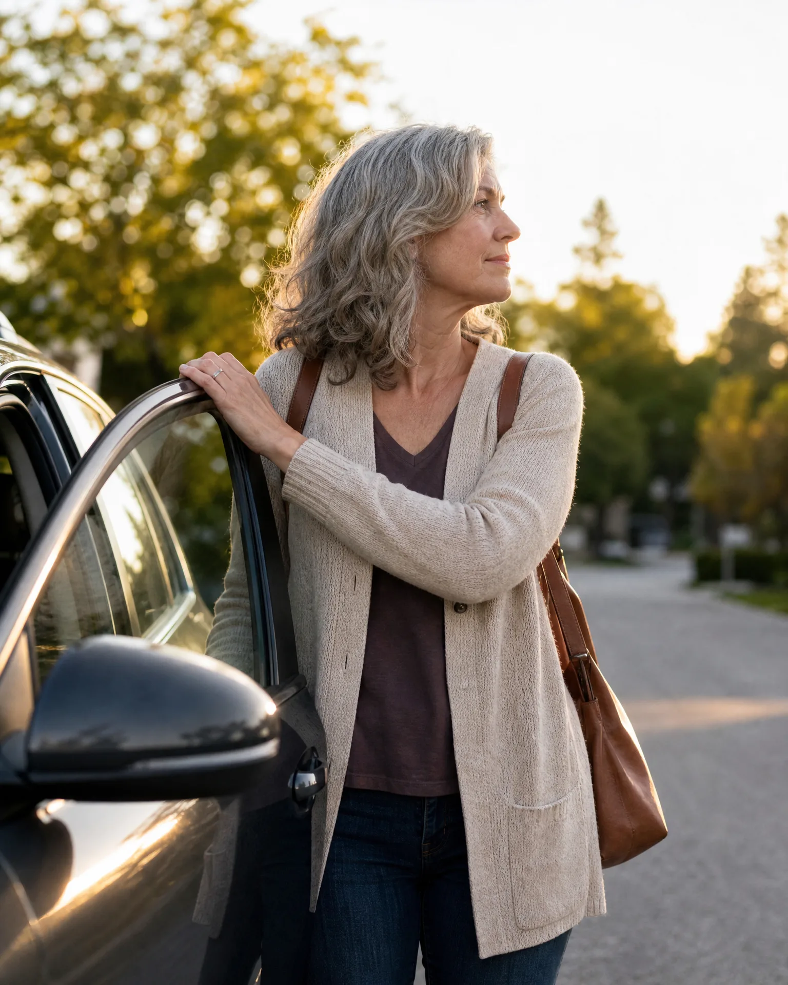 A woman with gray wavy hair, wearing a cream cardigan, dark top and jeans with a brown leather shoulder bag, stands holding the open door of a dark car on a street lined with trees in low sunlight.