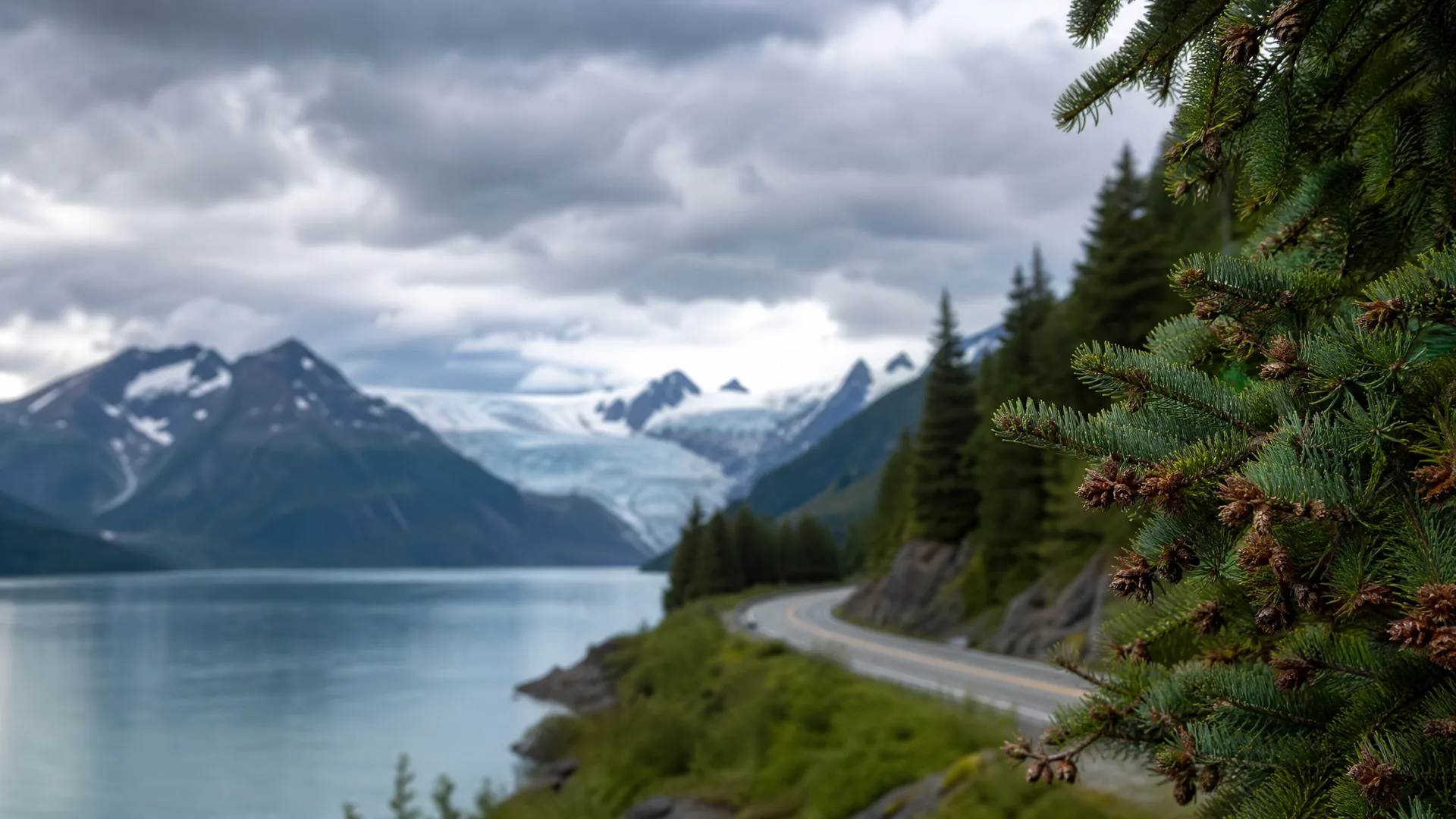 A two-lane road curves along a forested slope above a large body of water, with snow-covered mountains and a glacier under heavy gray clouds, framed by spruce branches with cones in the right foreground.