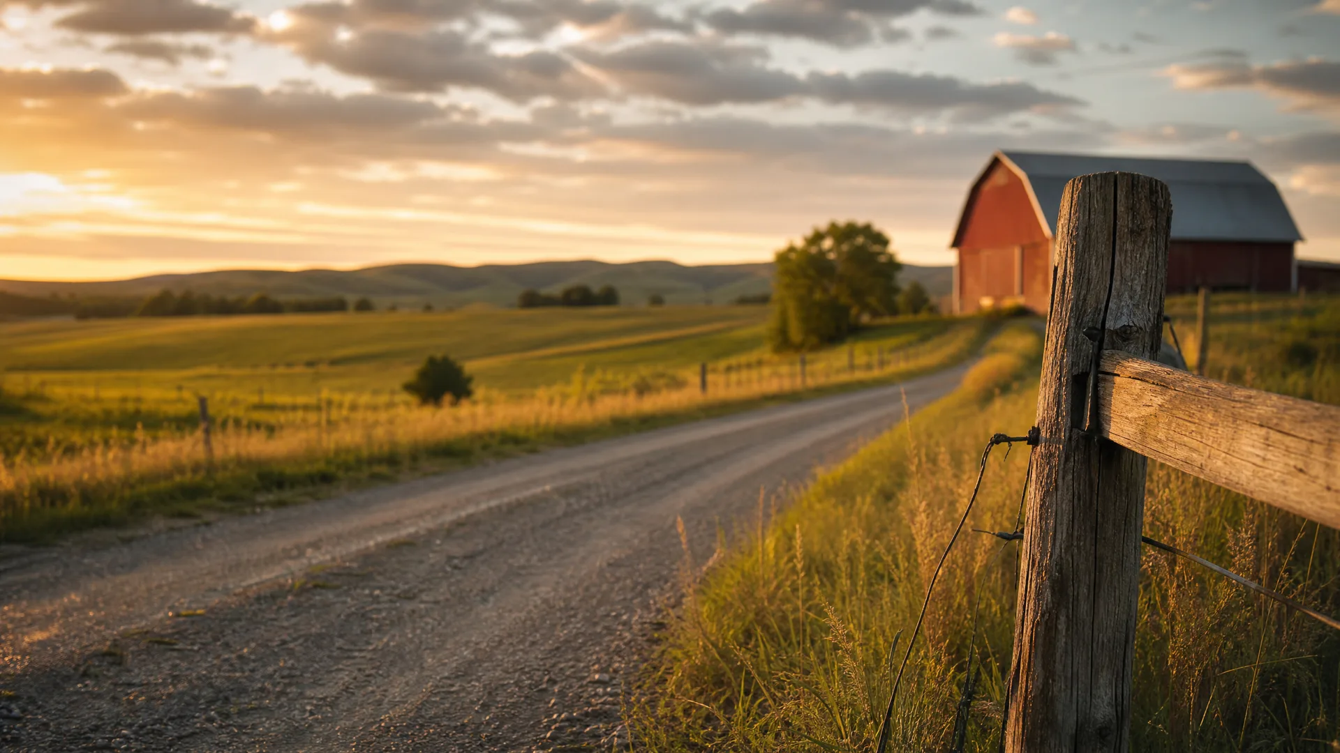 A dirt road runs through grassy fields toward a red barn at sunset, with a weathered wooden fence post in the right foreground and low hills on the horizon.
