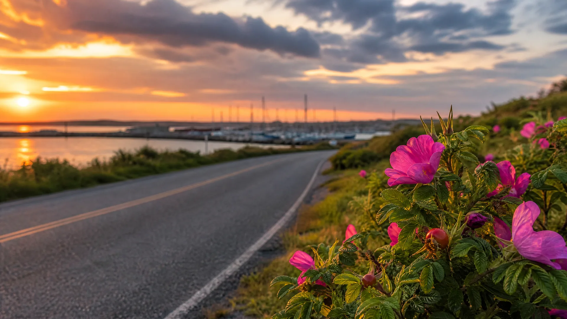 A paved coastal road curves past a bank of pink wild rose flowers and green foliage, with a harbor full of masted boats and a sunset over the water in the background.