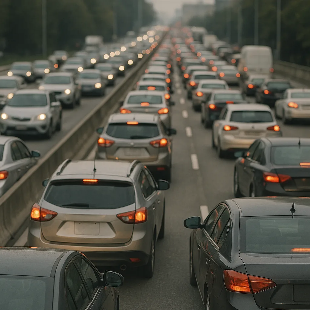Heavy traffic congestion on multi-lane highway with cars showing brake lights during rush hour